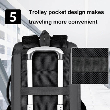 Expandable Business Waterproof Laptop Backpack For Work With USB Port showing trolley pocket design for easy attachment to luggage and extra expansion