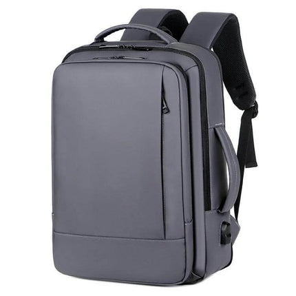 Expandable Business Waterproof Laptop Backpack For Work With USB Port in gray, expandable design, 16-inch laptop compartment and side USB port