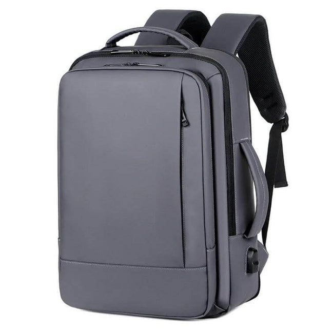 Expandable Business Waterproof Laptop Backpack For Work With USB Port in gray, expandable design, 16-inch laptop compartment and side USB port