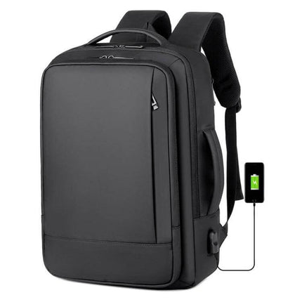 Expandable Business Waterproof Laptop Backpack For Work With USB Port shown in black, expandable 16-inch laptop compartment and side USB charging port