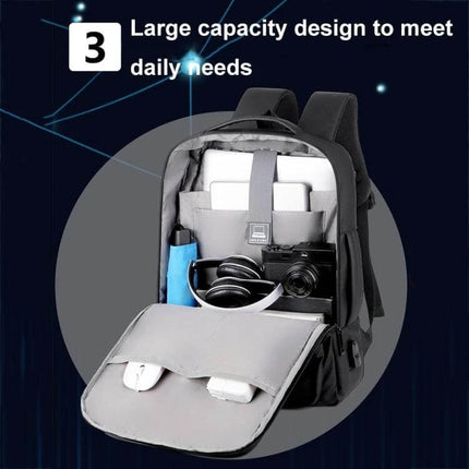 Expandable Business Waterproof Laptop Backpack For Work With USB Port showing open large-capacity interior with 16-inch laptop, camera, headphones and charger