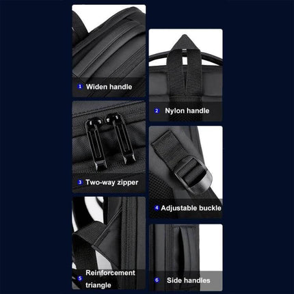 Expandable Business Waterproof Laptop Backpack For Work With USB Port showing widened handle, nylon handle, two-way zipper, adjustable buckle, reinforcement triangle, side handles