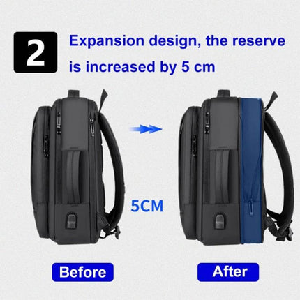 Expandable Business Waterproof Laptop Backpack For Work With USB Port showing 5cm expansion before and after side view
