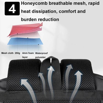 Expandable Business Waterproof Laptop Backpack For Work With USB Port showing honeycomb breathable mesh back padding and ventilation arrows