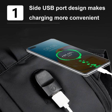 Expandable Business Waterproof Laptop Backpack For Work With USB Port showing side USB port charging a smartphone, black expandable business backpack