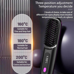 Cordless 2-in-1 Hair Straightening Brush with Fast Heating and USB Charging