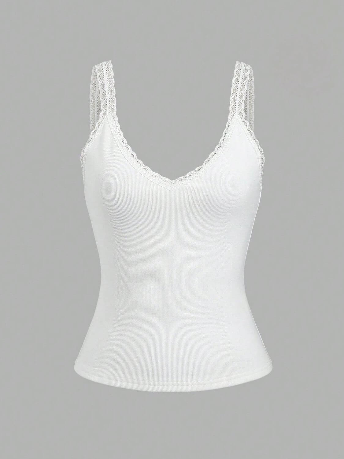 White lace trim V-neck wide strap tank top, perfect for elevating any wardrobe with elegance and comfort.