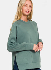 Zenana Scuba Round Neck Side Slit Sweatshirt