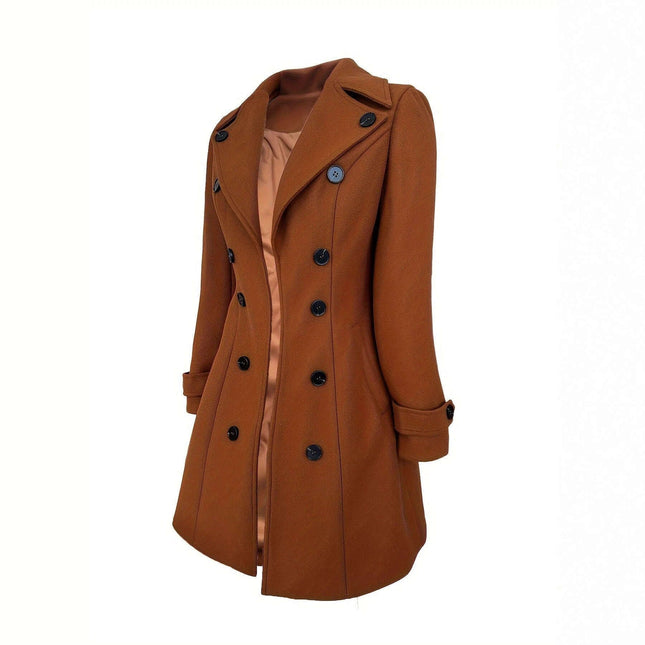Women's Dark Brown Double Breasted Wool Coat for Everyday Elegance - slim fit coat with splicing details and black buttons, everyday layering for women