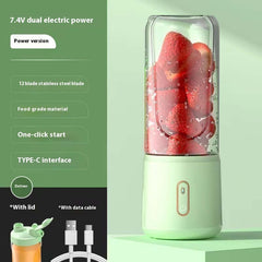 Rechargeable Portable Juice Blender with strawberries, featuring 7.4V dual electric power, 12-blade stainless steel, one-click start, and Type-C interface