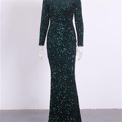 Elegant Modest Sequin Evening Gown for Women Dark Green