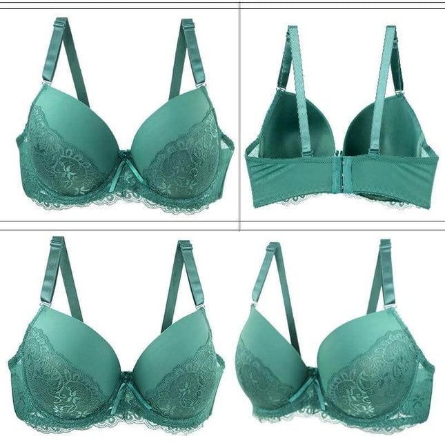 Simple and Casual Plus Size Seamless Bra for Women in teal lace cotton blend, breathable everyday support under t-shirts and dresses