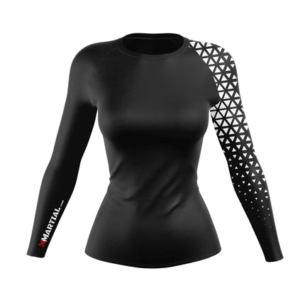 Women's Comfortable Grappler Long-Sleeve Top for Active Use black long-sleeve grappling top with geometric print sleeve