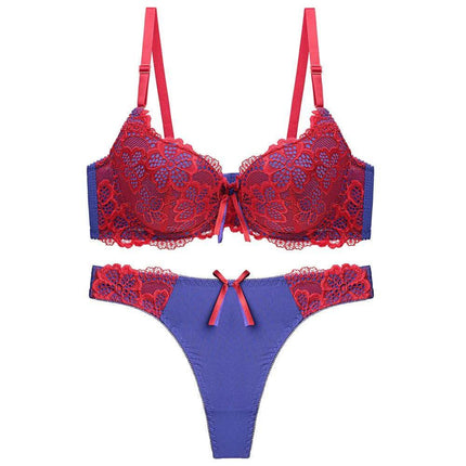 Women's Adjustable Lace Push-Up Bra Set for Everyday Wear - red and purple lace 3/4 cup spandex bra with matching thong