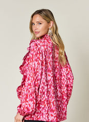 Printed Ruffle Trim Balloon Sleeve Blouse in Full Size