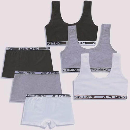 Comfortable Pure Cotton Underwear Set for Children Aged 7-14 - three vest bras and matching shorts in black, gray, and white, 100% cotton