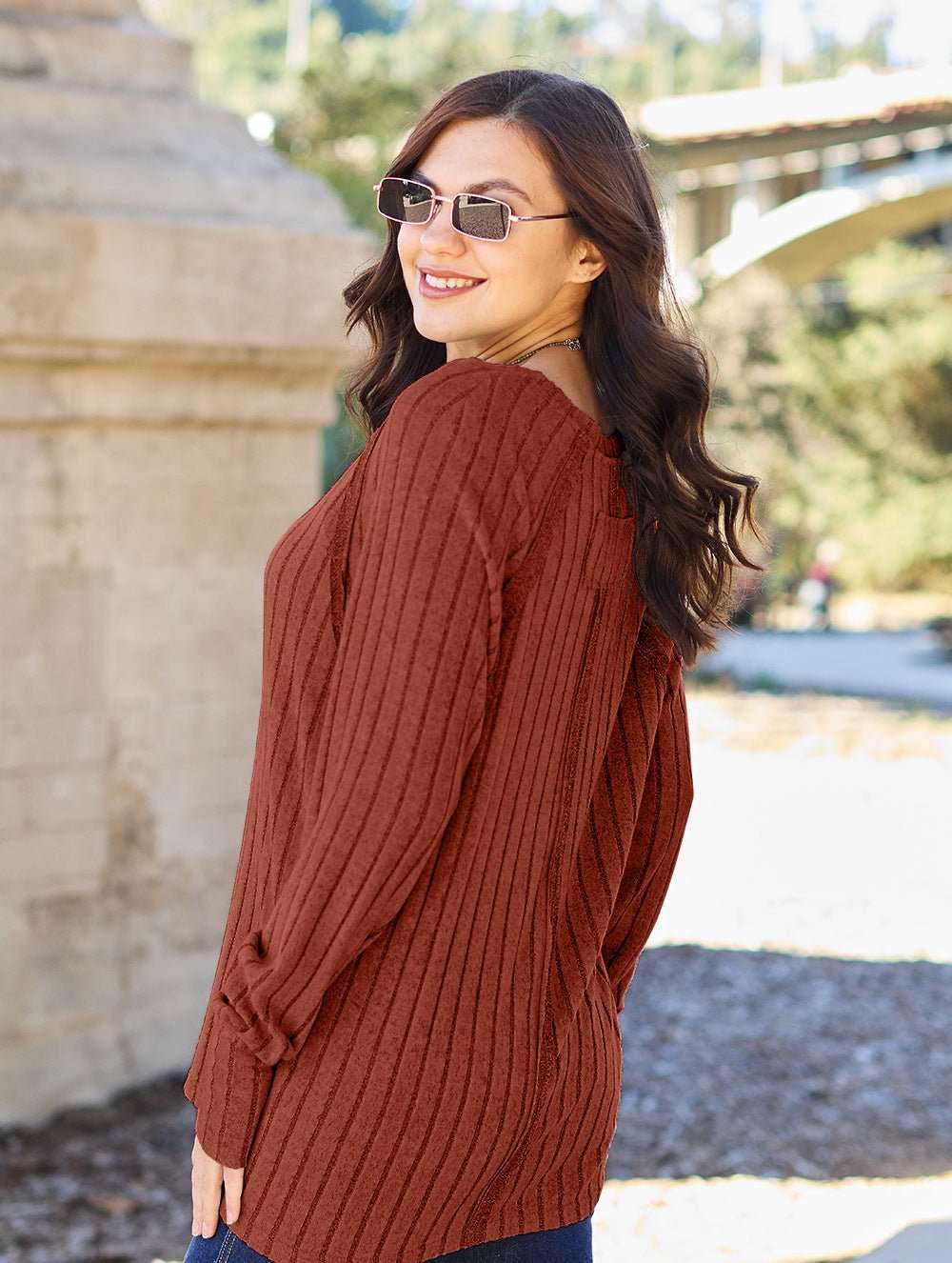 Basic Bae Full Size Ribbed Round Neck Long Sleeve Knit Top