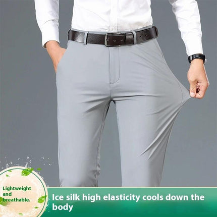 Men's Elastic Casual Pants for Everyday Comfort and Style model wearing light gray elastic casual pants with belt showing stretch