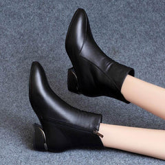 Stylish Pointed-Toe Chunky Heel Ankle Boots with Side Zipper