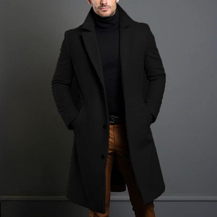 Men's Slim Fit Mid-Length Trench Coat for Fall and Winter worn by model in black woolen slim fit mid-length coat for urban commutes