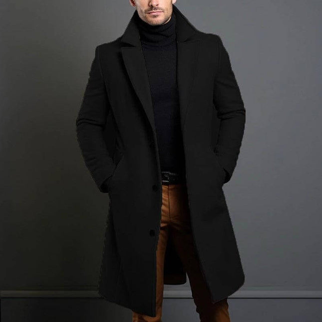 Men's Slim Fit Mid-Length Trench Coat for Fall and Winter - black slim-fit woolen trench styled with tailored straight hem, ideal for urban commutes and casual events