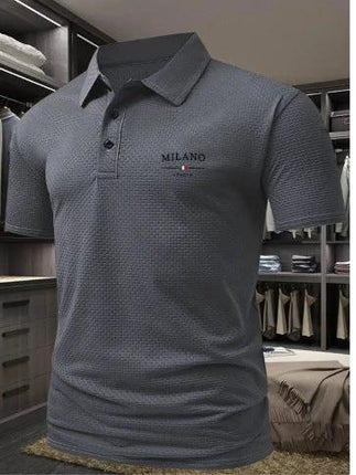 Men's Solid Color Short-Sleeved Lapel Polo Shirt for Casual Wear dark gray pinhole cloth Milano logo styled with jeans or chinos
