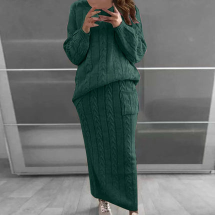 Fashion Twist Flower Needle Sweater Set For Women Two Piece Skirt Suit - green knit pullover and matching long skirt office-ready two-piece set