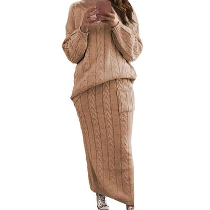 Fashion Twist Flower Needle Sweater Set For Women Two Piece Skirt Suit - beige cable knit pullover and matching long skirt office-ready set