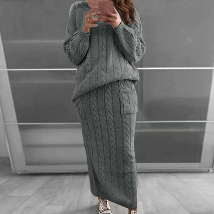 Fashion Twist Flower Needle Sweater Set For Women Two Piece Skirt Suit in gray knit cable pullover and matching skirt, office-ready two-piece outfit