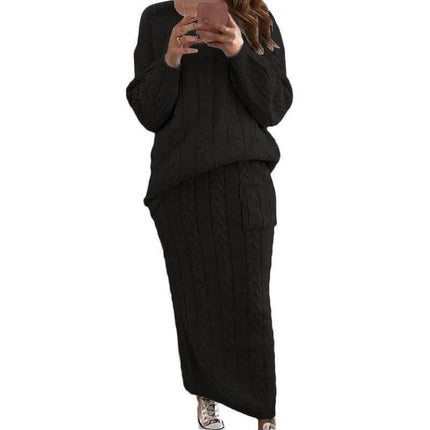 Fashion Twist Flower Needle Sweater Set For Women Two Piece Skirt Suit - black knit pullover and matching long skirt office-ready set