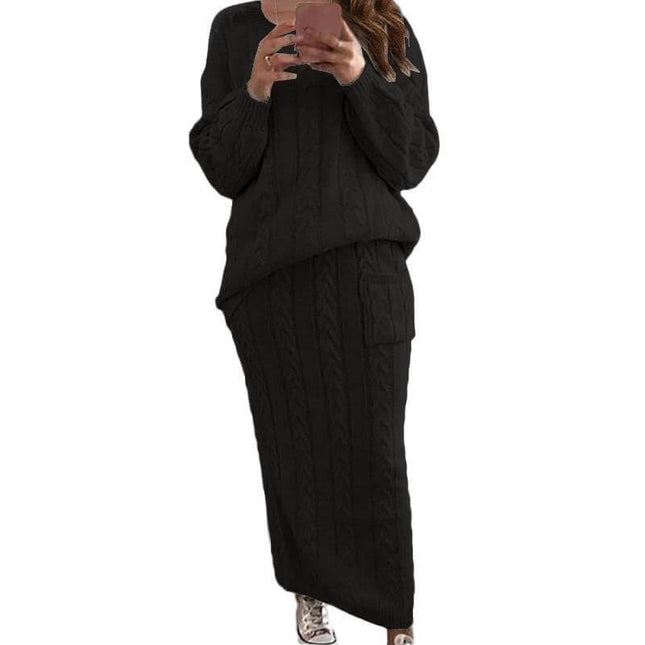 Fashion Twist Flower Needle Sweater Set For Women Two Piece Skirt Suit - black knit pullover and matching long skirt office-ready set