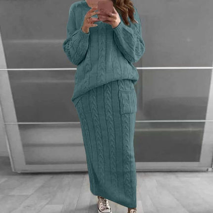Fashion Twist Flower Needle Sweater Set For Women Two Piece Skirt Suit teal cable knit pullover and matching midi skirt office-ready outfit