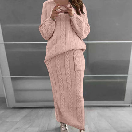 Woman modeling Fashion Twist Flower Needle Sweater Set For Women Two Piece Skirt Suit in blush cable knit office-ready look