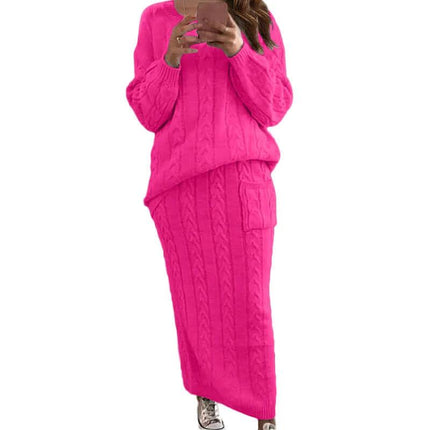 Fashion Twist Flower Needle Sweater Set For Women Two Piece Skirt Suit in bright pink cable knit, pullover top with matching long skirt, office-ready look