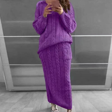 Fashion Twist Flower Needle Sweater Set For Women Two Piece Skirt Suit - purple cable knit pullover and matching long skirt office-ready outfit