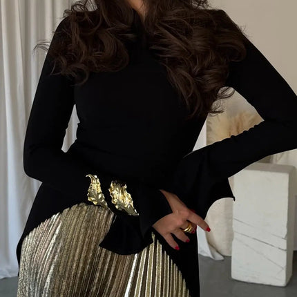 Black Bell Sleeve Top And Pleated Skirt Set For Daily Wear