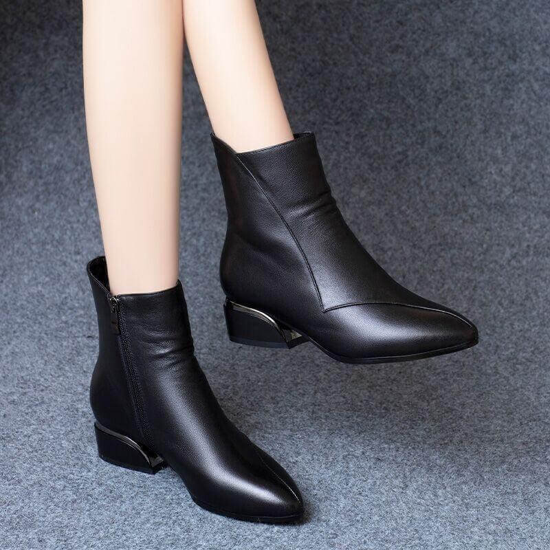 Stylish Pointed-Toe Chunky Heel Ankle Boots with Side Zipper