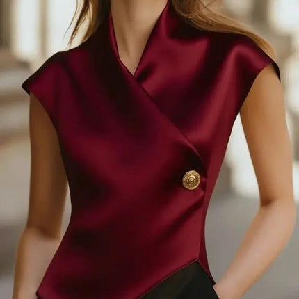 Satin Wrap Cap Sleeve Blouse For Work And Evening Wear
