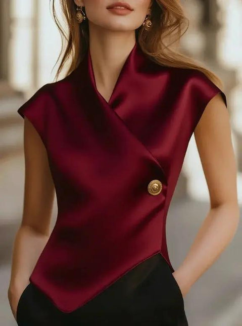 Satin Wrap Cap Sleeve Blouse For Work And Evening Wear | Syndmart
