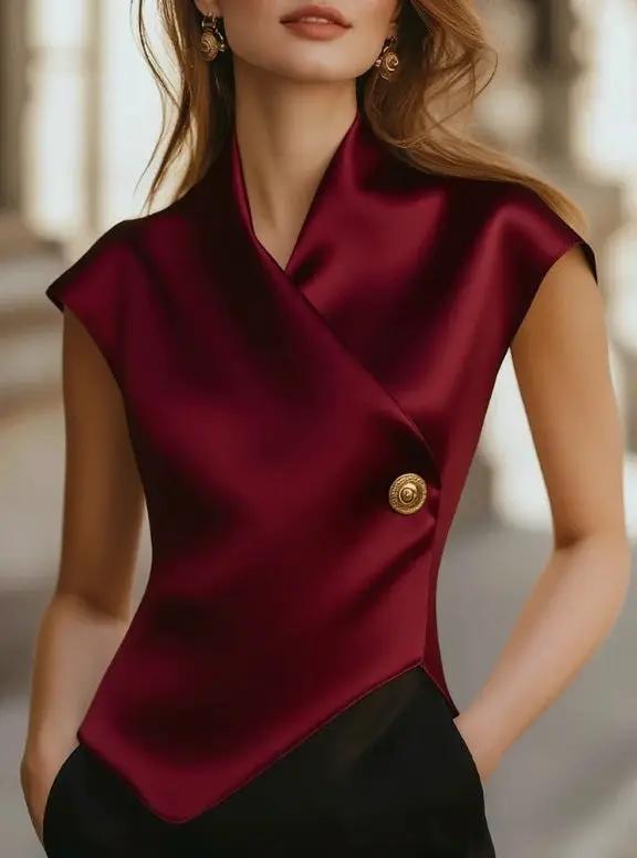 Satin Wrap Cap Sleeve Blouse For Work And Evening Wear