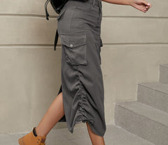 Drawstring Ruched Slit Denim Midi Skirt