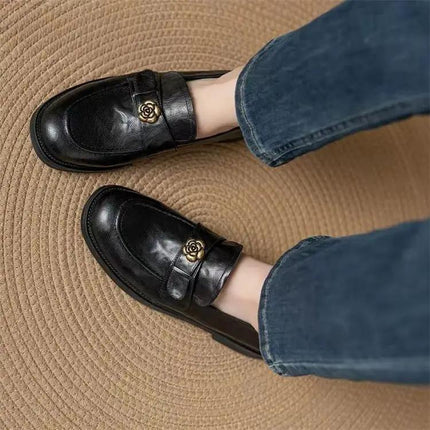 Camellia Leather Loafers For Women, Vintage British Slip-On