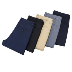 Multiple colored Bamboo Fiber Lightweight Casual Business Trousers neatly folded on display