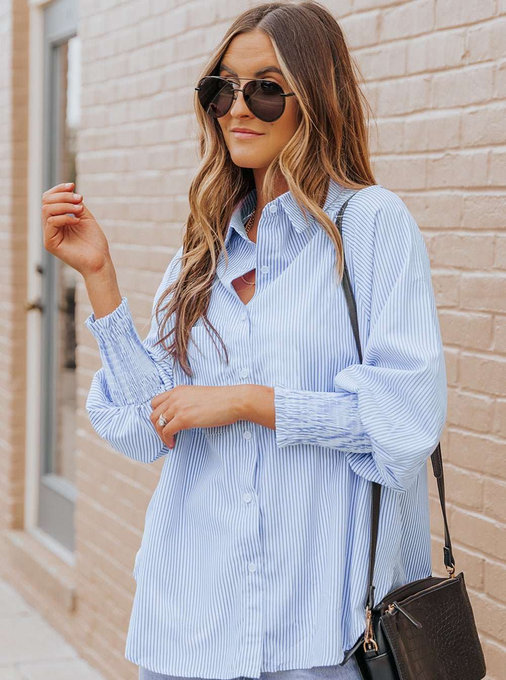 Striped Lantern Sleeve Collared Shirt