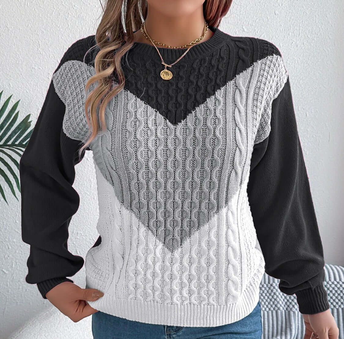 Contrast Round Neck Long Sleeve Sweater