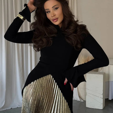 Black Bell Sleeve Top And Pleated Skirt Set For Daily Wear