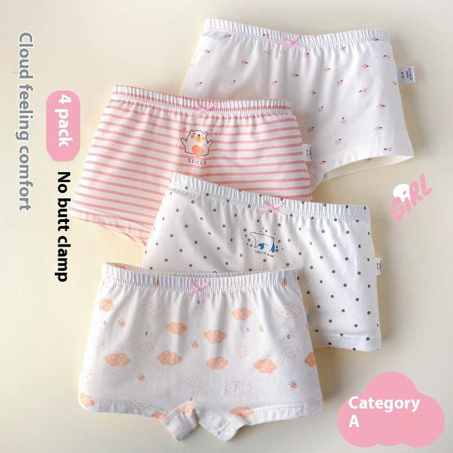 Comfortable Girls' Pure Cotton Cartoon Boxers in Four-Pack Set showing four pastel printed girls' cotton boxers laid flat
