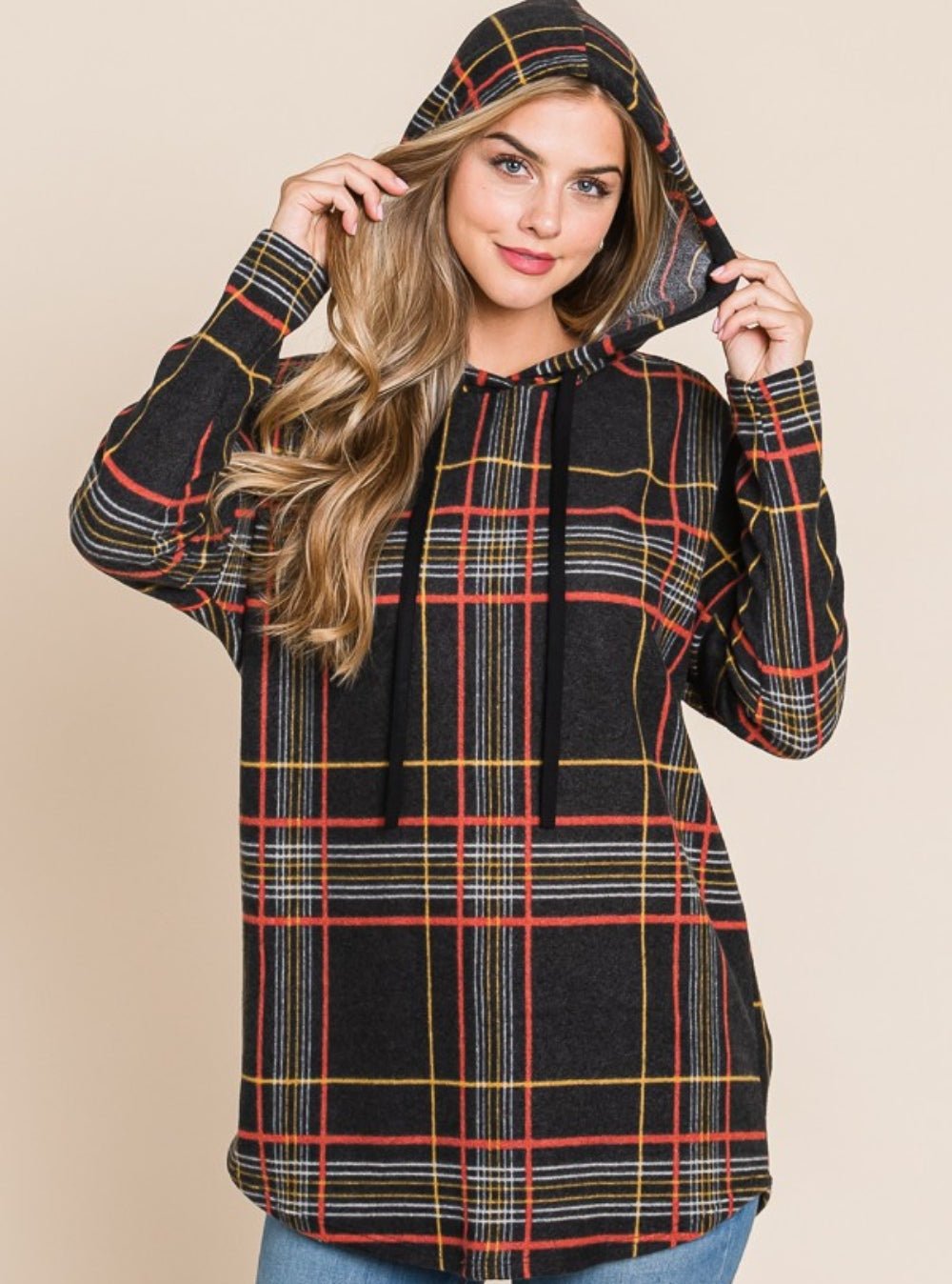 BOMBOM Drawstring Plaid Long Sleeve Hoodie