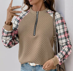 Perfee Plaid Half Zip Long Sleeve Texture Sweatshirt