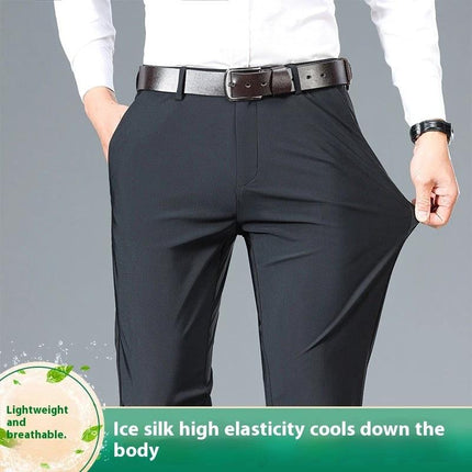 Men's Elastic Casual Pants for Everyday Comfort and Style - Black stretch ice silk pants with belt for lightweight breathable all-day wear